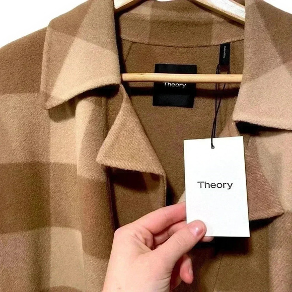 NWT Theory Buffalo Plaid Double Faced Check Overlay Tan Blazer Wool Coat Large - Picture 8 of 11